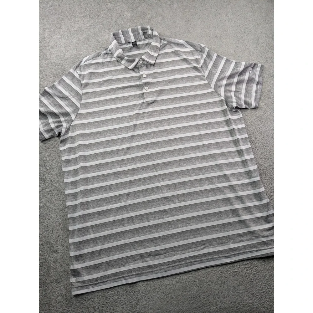 Adidas Mens 2XL Grey White Striped Golf Polo Shirt Short Sleeve Recycled Poly